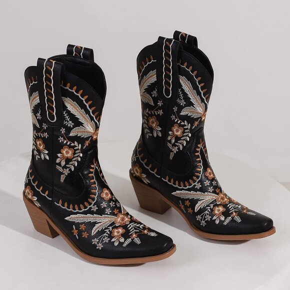 LIPUIXI Western Boots Women's Black Synthetic Pull On Floral Low Chunky Heel - Picture 7 of 8